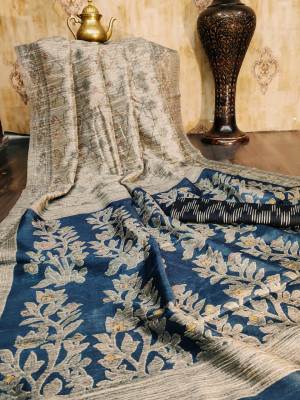 Raw silk saree with ikkat printed work