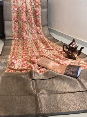 Munga silk digital printed weaving saree with zari woven border and pallu