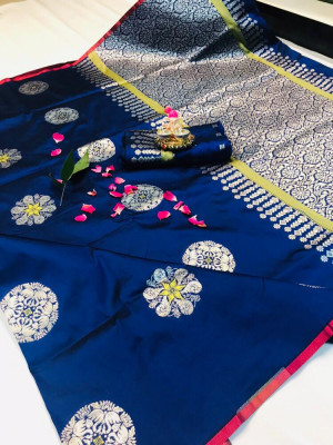 Blue color lichi silk Zari weaving Work Saree
