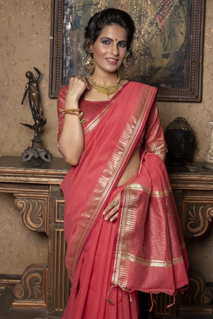 Linen silk saree with zari woven temple border and pallu