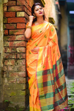 Yellow color banglori raw silk  Zari Woven work saree