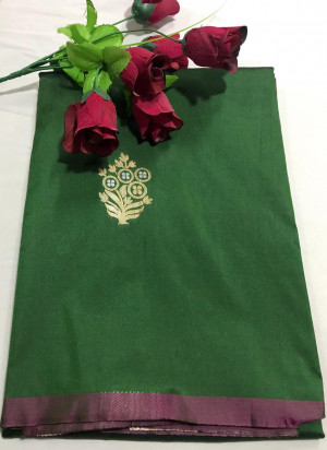 Green color soft banarasi silk saree with zari weaving pallu and butti