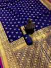 Navy blue color lichi silk saree with gold zari weaving work
