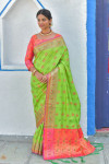 Parrot green color soft banarasi silk saree with meenakari design