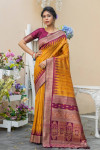 Mustard yellow color tussar silk saree with weaving work