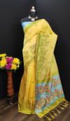 Yellow color cotton silk saree with contrast  weaving work