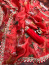 Red color organza silk saree with digital printed work