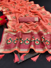 Peach color linen silk saree with embroidery wok