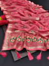 Pink color linen silk saree with embroidery wok