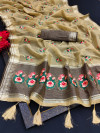 Beige color linen silk saree with embroidery wok