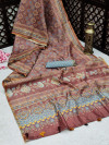 Magenta color linen cotton saree with beautiful prints