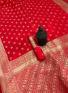 Red color lichi silk saree with gold zari weaving work