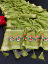 Parrot green color linen silk saree with embroidery wok