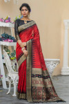 Red color tussar silk saree with weaving work