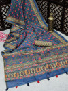 Blue color linen cotton saree with beautiful prints