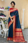 Navy blue color tussar silk saree with weaving work