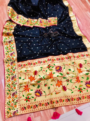 Black color royal paithani silk saree with weaving work