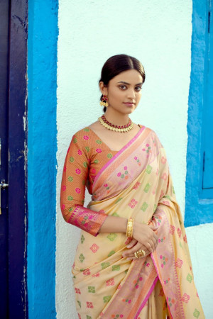 Cream color soft banarasi silk saree with meenakari design