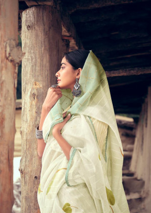 Light yellow color soft organza silk saree with printed work