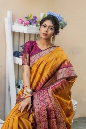 Mustard yellow color tussar silk saree with weaving work