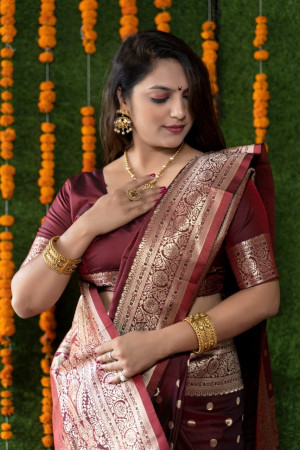 Brown color kanchipuram silk saree with zari work