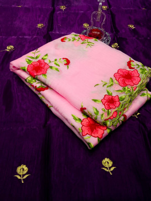 Pink color organza silk saree with embroidery work
