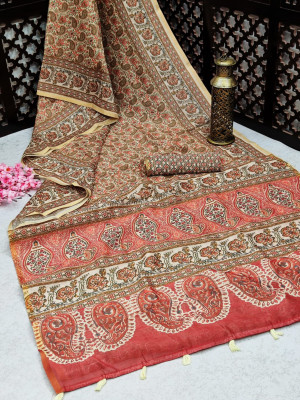 Beige color linen cotton saree with beautiful prints