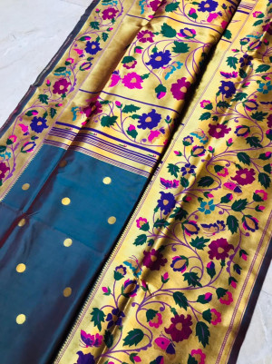 Two tone rama green color paithani handloom silk saree with zari work