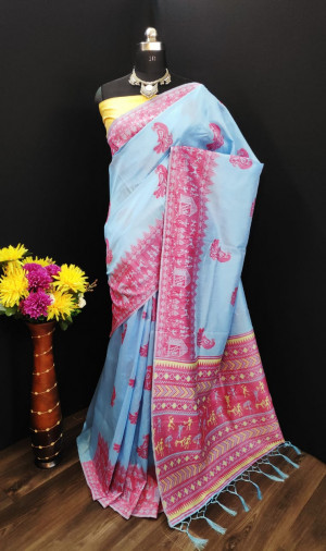 Sky blue color cotton silk saree with contrast  weaving work