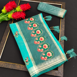 Sea green color linen silk saree with embroidery wok