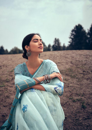 Sky blue color soft organza silk saree with printed work