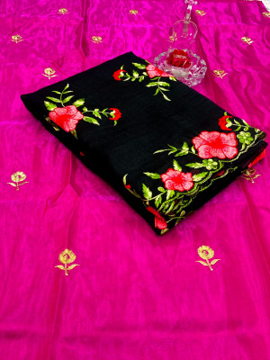 Black color organza silk saree with embroidery work