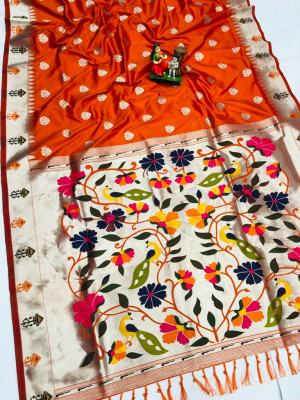 Orange color paithani silk saree with golden zari work