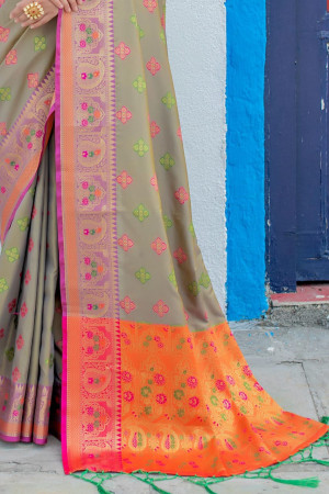 Twotone mehndi green color soft banarasi silk saree with meenakari design