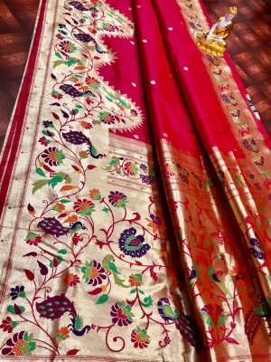 Gajari color rich paithani silk saree with pure golden zari weaving work