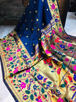 Navy blue color paithani handloom silk saree with zari work