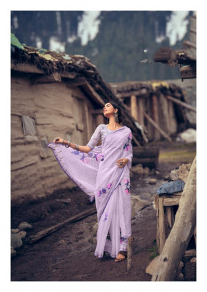 Lavender color soft organza silk saree with printed work