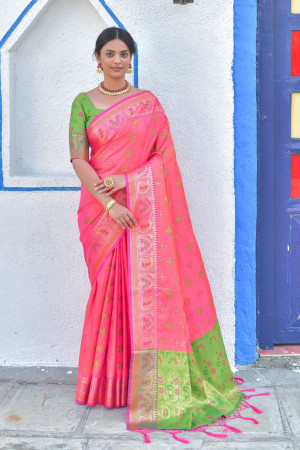 Pink color soft banarasi silk saree with meenakari design