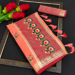Peach color linen silk saree with embroidery wok