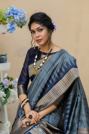 Gray color tussar silk saree with weaving work