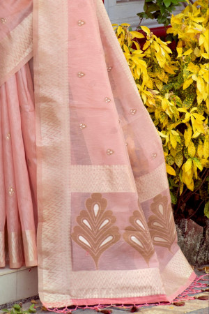 Pink color kanchipuram tissue silk saree with zari woven work