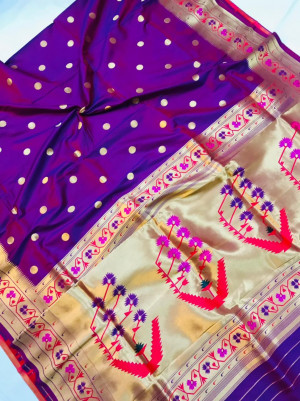 Purple color soft kanchipuram silk saree with golden zari weaving work