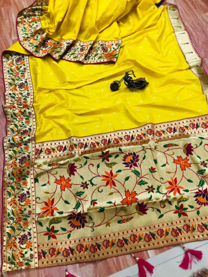 Yellow color royal paithani silk saree with weaving work
