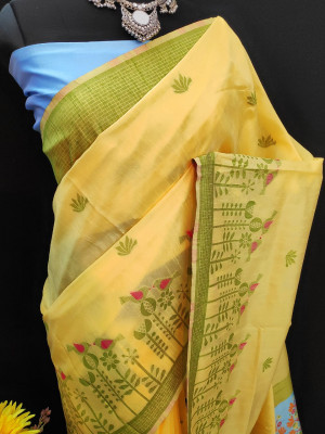 Yellow color cotton silk saree with contrast  weaving work