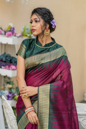 Magenta color tussar silk saree with weaving work
