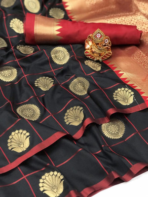 Black color soft lichi silk saree with pure golden zari weaving work