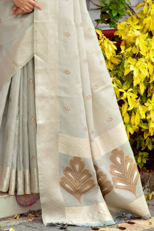 Gray color kamchipuram tissue silk saree with zari woven work