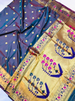 Twotone rama green color soft kanchipuram silk saree with golden zari weaving work