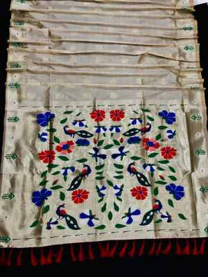 Cream color paithani silk saree with golden zari work