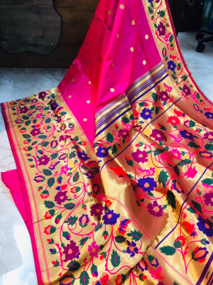 Pink color paithani handloom silk saree with zari work